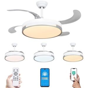 Ventilador de techo con luz LED 36W+DC30W en 3 Temperaturas de Luz con Mando a Distancia -Motor DC Eficiente y Silencioso, 3 tonalidades, aspas desplegables retráctiles, 6 velocidades, control remoto, memoria, temporizador